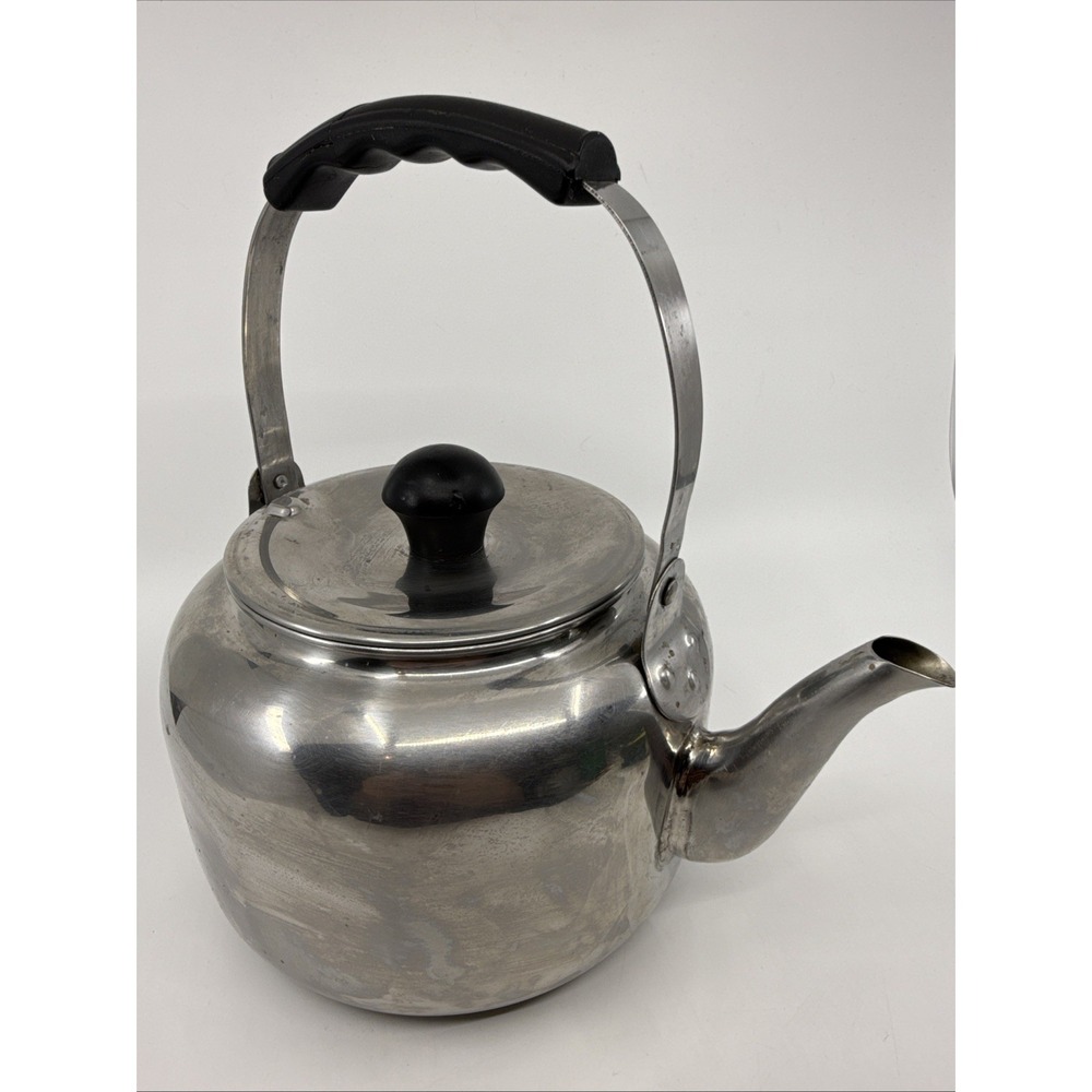 Vtg Farberware Tea Pot Kettle 7020 Stainless Steel 2 Qt. Beveled‎ Cracked Handle